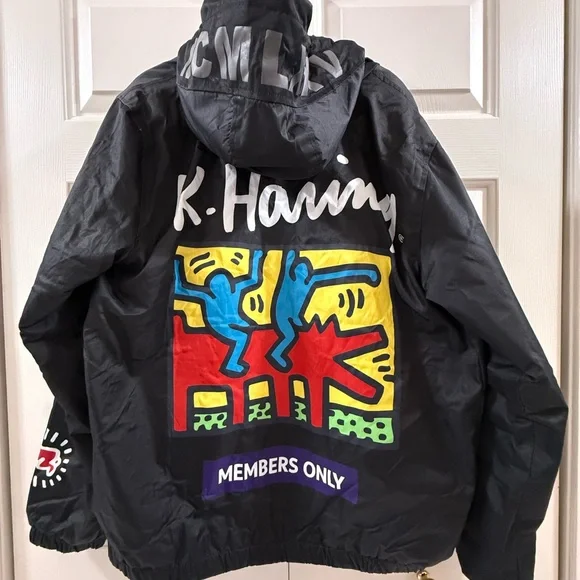 Members Only x Keith Haring Hooded Jacket Black Graphic Poly Filled Streetwear M - Picture 17 of 17